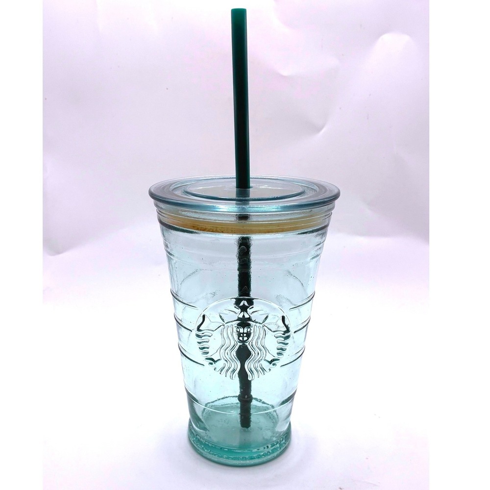 Starbucks Recycled Glass Tumbler 16oz Lid and Straw Spain Siren Logo Cold Cup